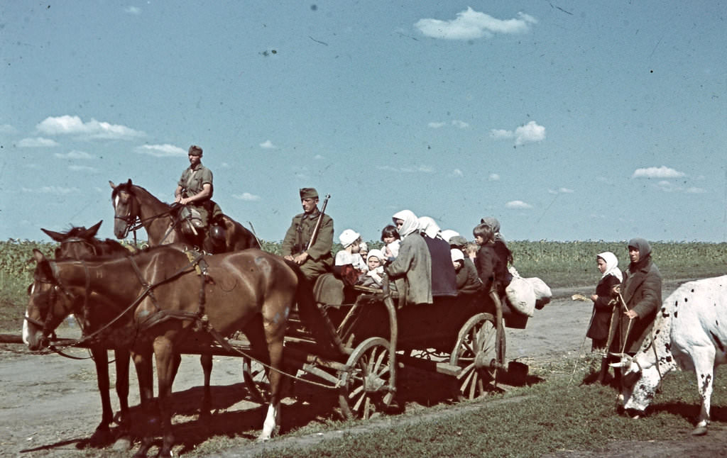 Hungarian soldiers transported by cart, Soviet eastern front, 1942