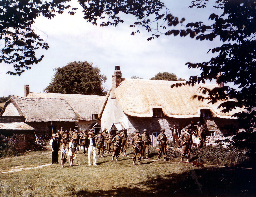 US Soldiers in the English village during tactical exercises in preparation for Operation Overlord, 18 April 1944