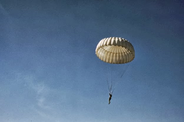 A Marine parachuting at Parris Island, South Carolina, in May of 1942