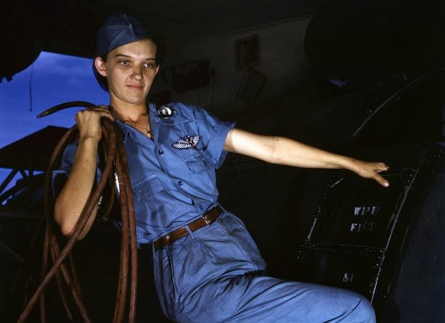 With a woman’s determination, Lorena Craig takes over a man-size job in Corpus Christi, Texas. Before she came to work at the Naval air base she was a department store girl. Now she is a cowler under civil service. Photographed in August of 1942