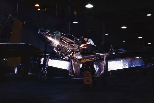 P-51 “Mustang” fighter plane in construction, at North American Aviation, Inc., in Los Angeles, California. Photo likely taken sometime in 1942