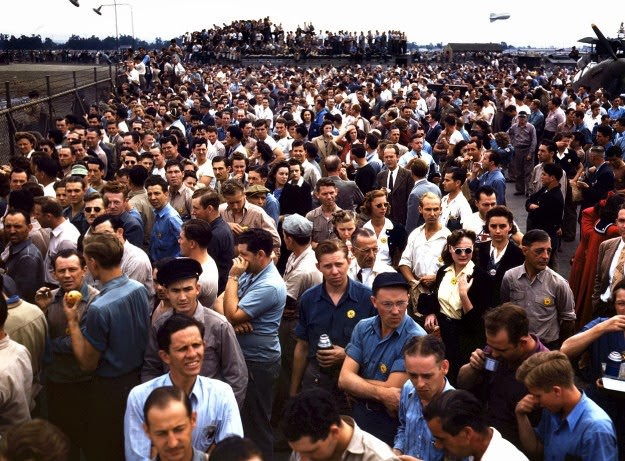 Workers on the Liberator Bombers, at Consolidated Aircraft Corp., in Fort Worth, Texas, in October of 1942