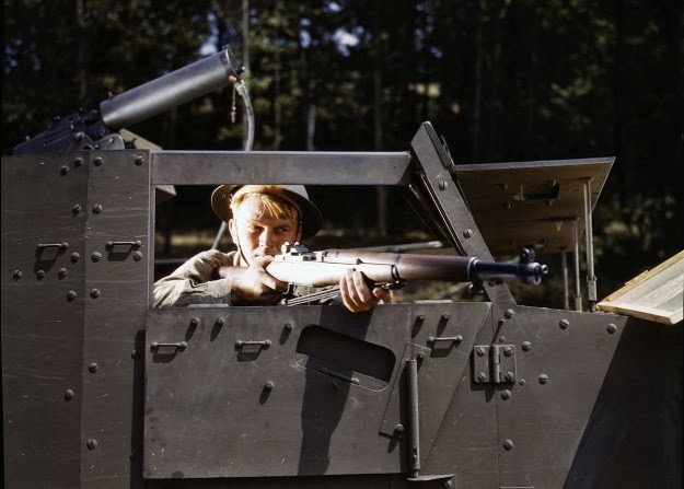 Halftrack infantryman with Garand rifle, at Ft. Knox, Kentucky, in June of 1942