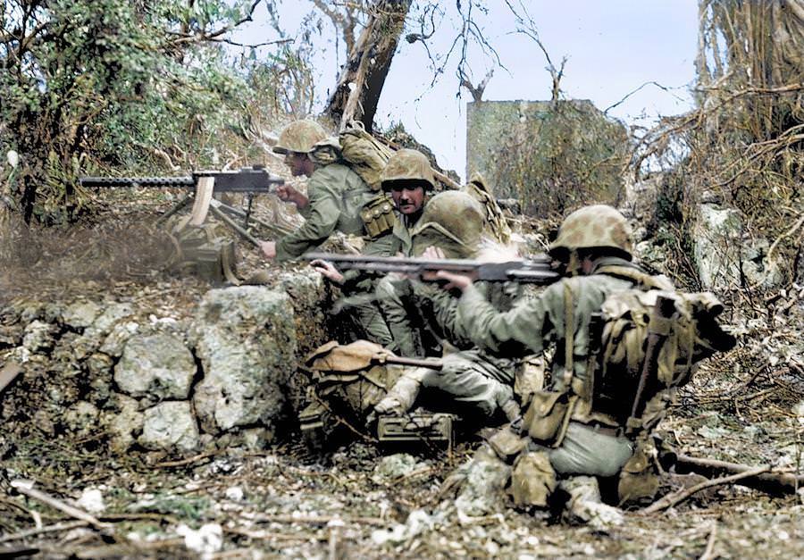 U.S. Marines firing an M1919 Browning machine gun during the fighting on the island of Peleliu.