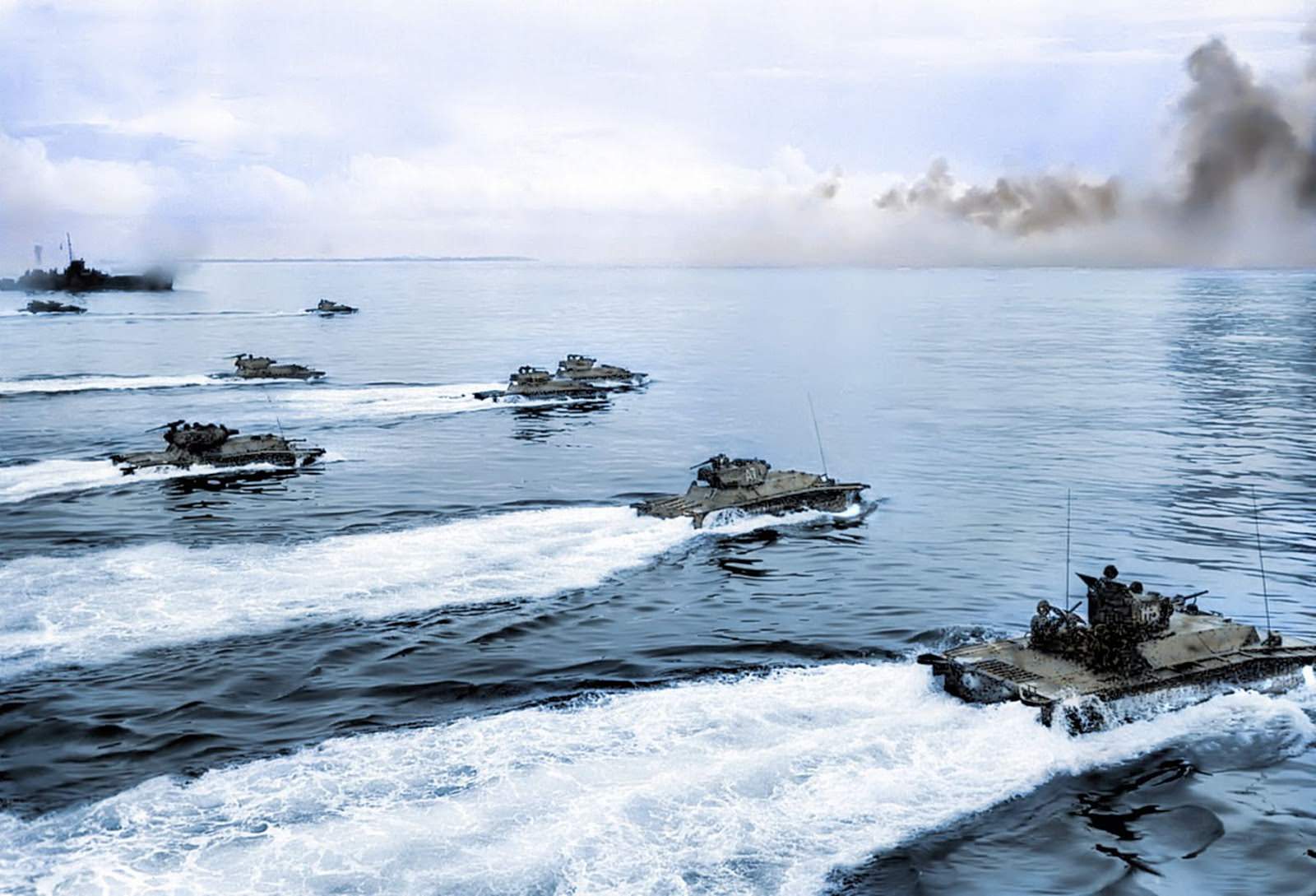 Alligator landing vehicles heading toward defenses on Peleliu in September 1944.