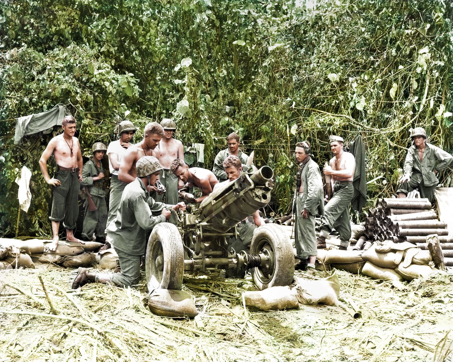 Marines from the H Battery, 3rd Battalion set up artillery in the Solomon Islands just off Blue Beach