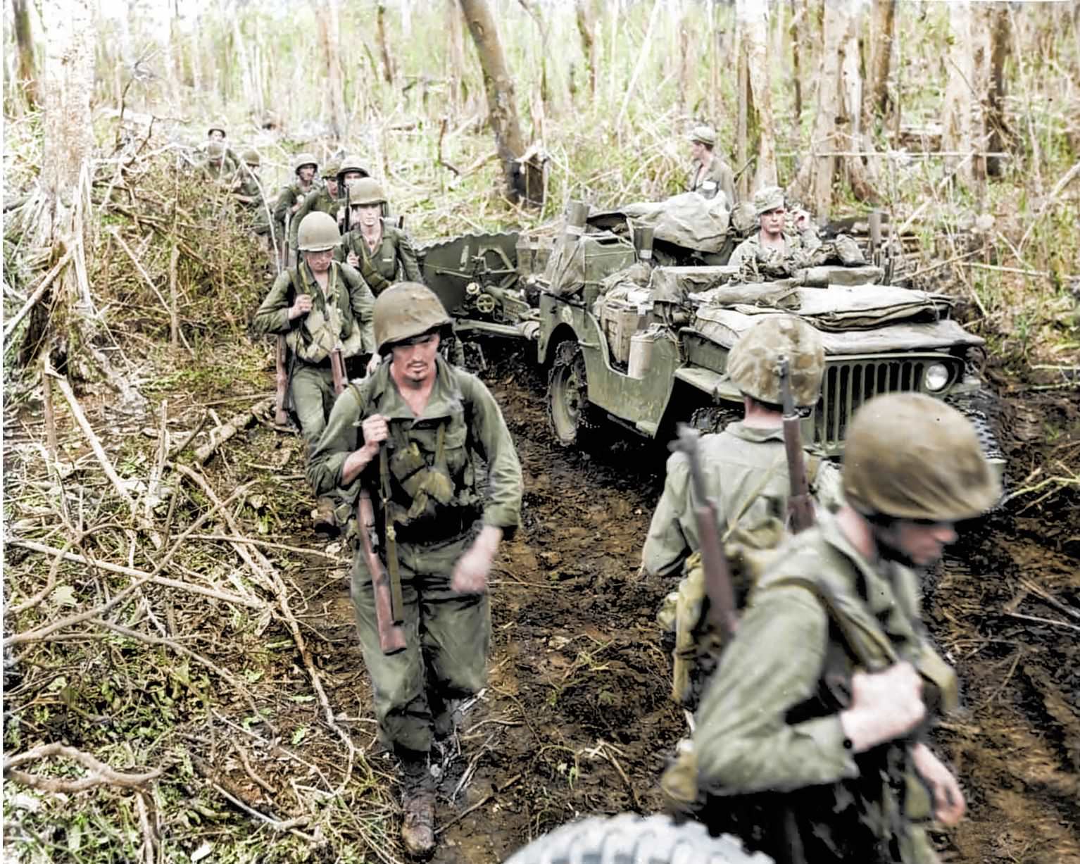 Men of the US First Marines Division at Cape Gloucester, New Britain, Bismarck Archipelago, late December 1943.