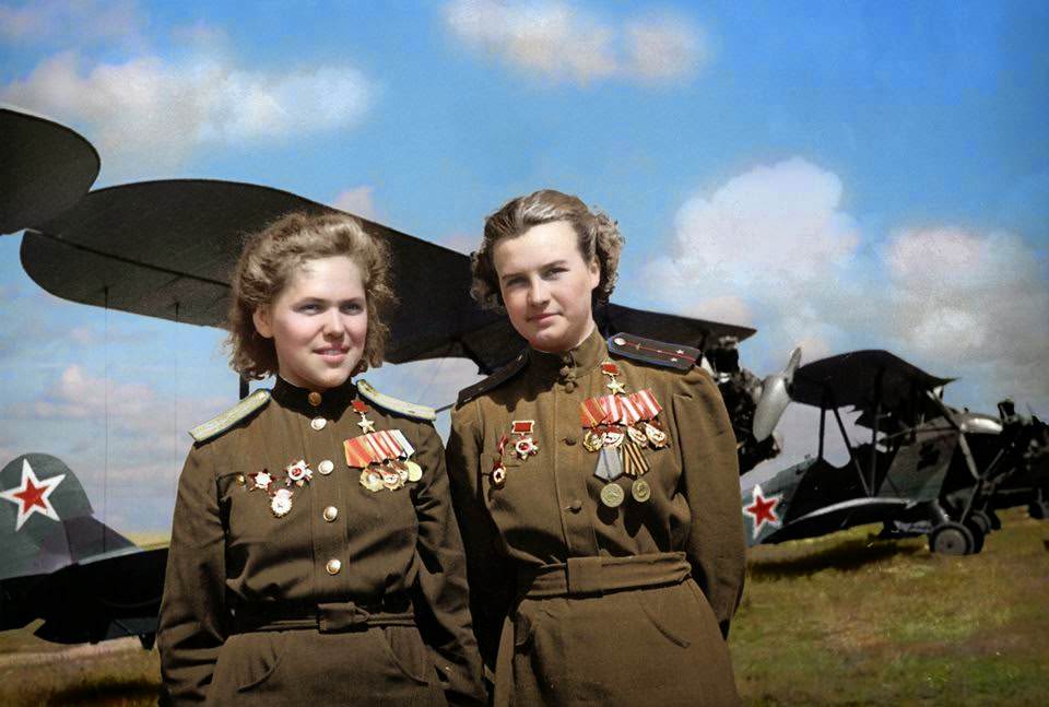 Soviet Air Force officers, Rufina Gasheva (848 night combat missions) and Nataly Meklin (980 night combat missions) decorated as 'Heroes of the Soviet Union' for their service with the famed 'Night Witches' unit during World War II.