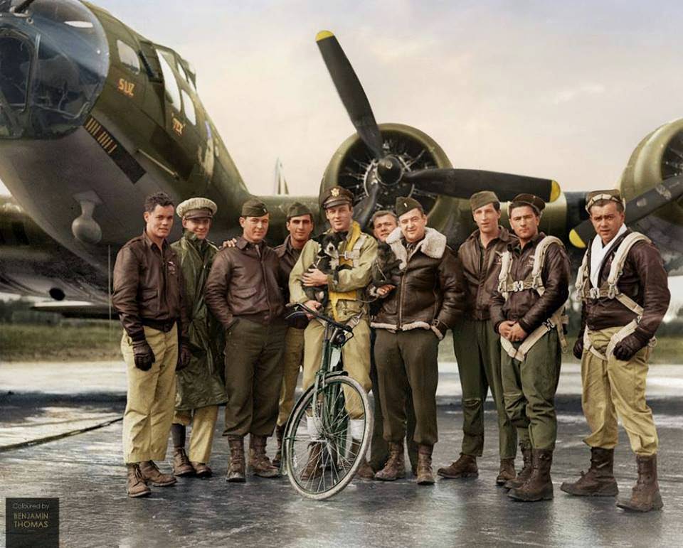 S Air Force pilot 2nd Lieutenant Robert Wade Biesecker with his crew of the 569th Bombardment Squadron, 390th Bomb Group, US Eighth Air Force, standing by 'Honey Chile', their B-17 Flying Fortress bomber (serial 42-31027), at RAF Framlingham, a US Eighth Air Force Bomber Command station in England,