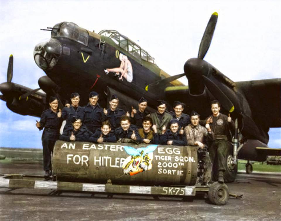 F/L J. F. Thomas and the crew of Avro Lancaster Bomber 'B' MkI 'Victorious Virgin' RF128 QB-V of RCAF 424 Squadron "Tiger" Squadron on the 21st of March 1945.