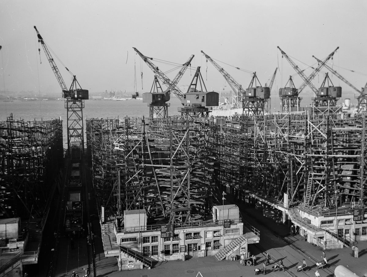 Way No. 8 of the shipyard, with the Frederick Douglass in the early stages of construction