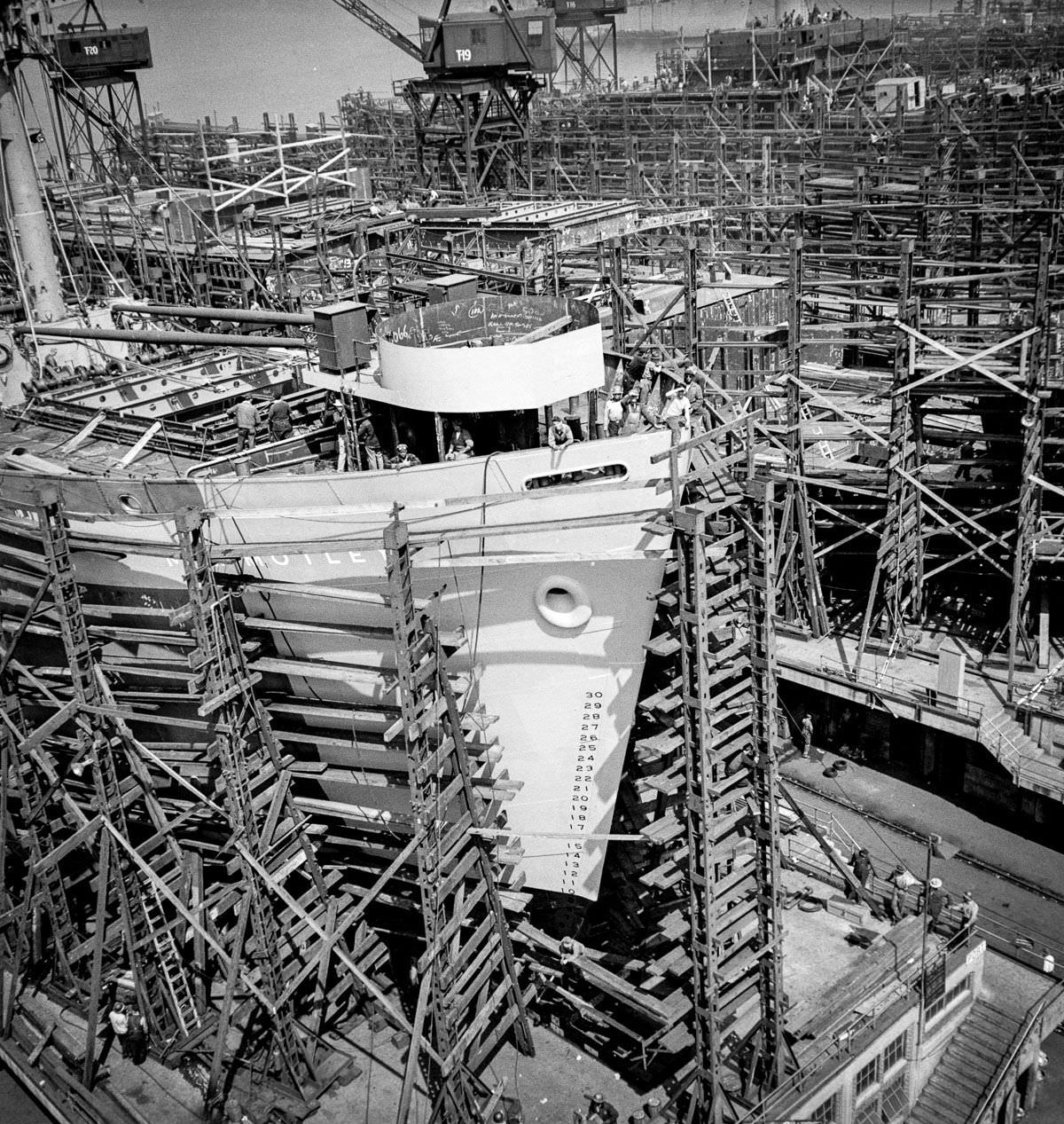 The bow of a nearly completed ship