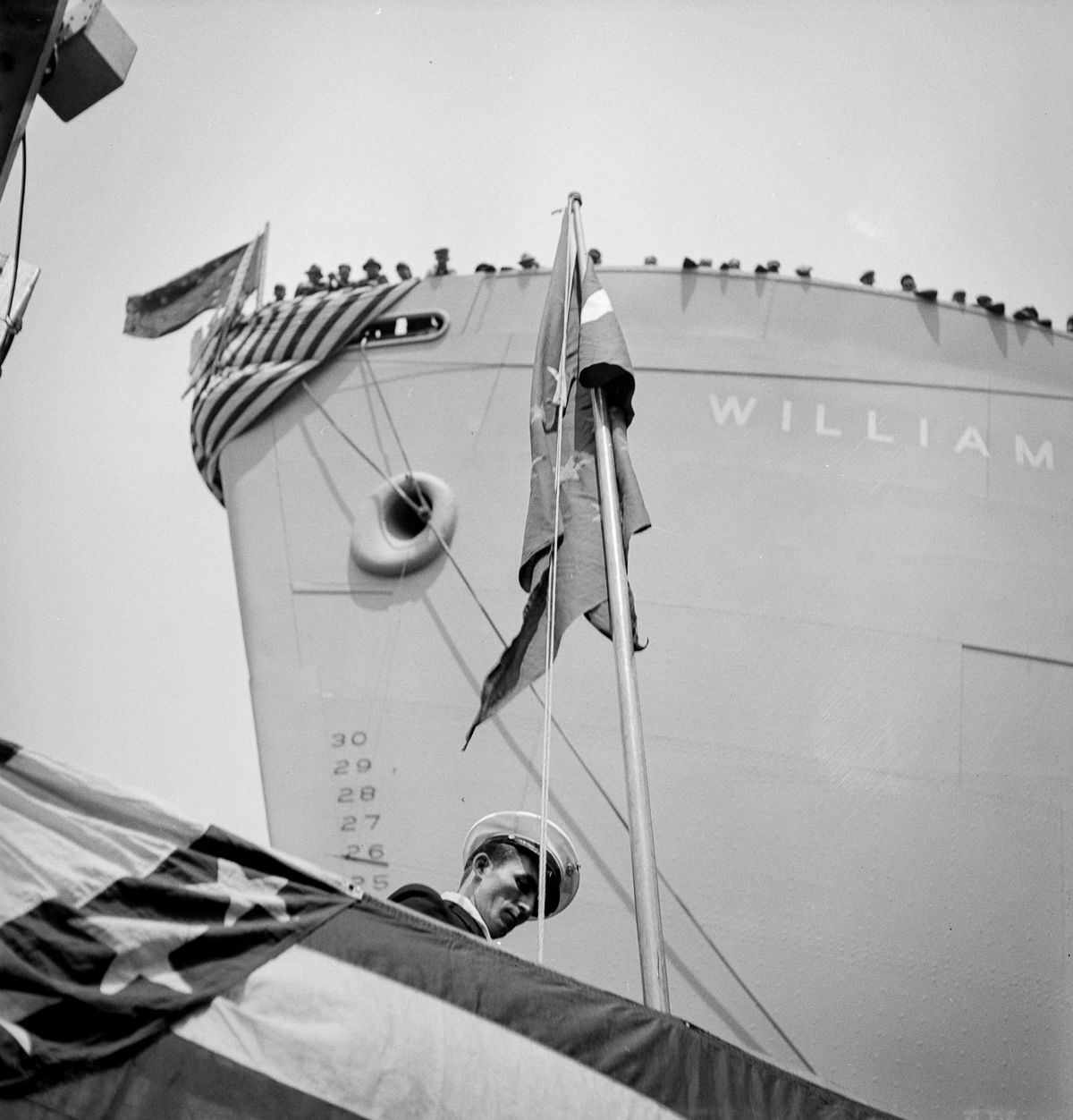 The bow of a vessel just before a launching party