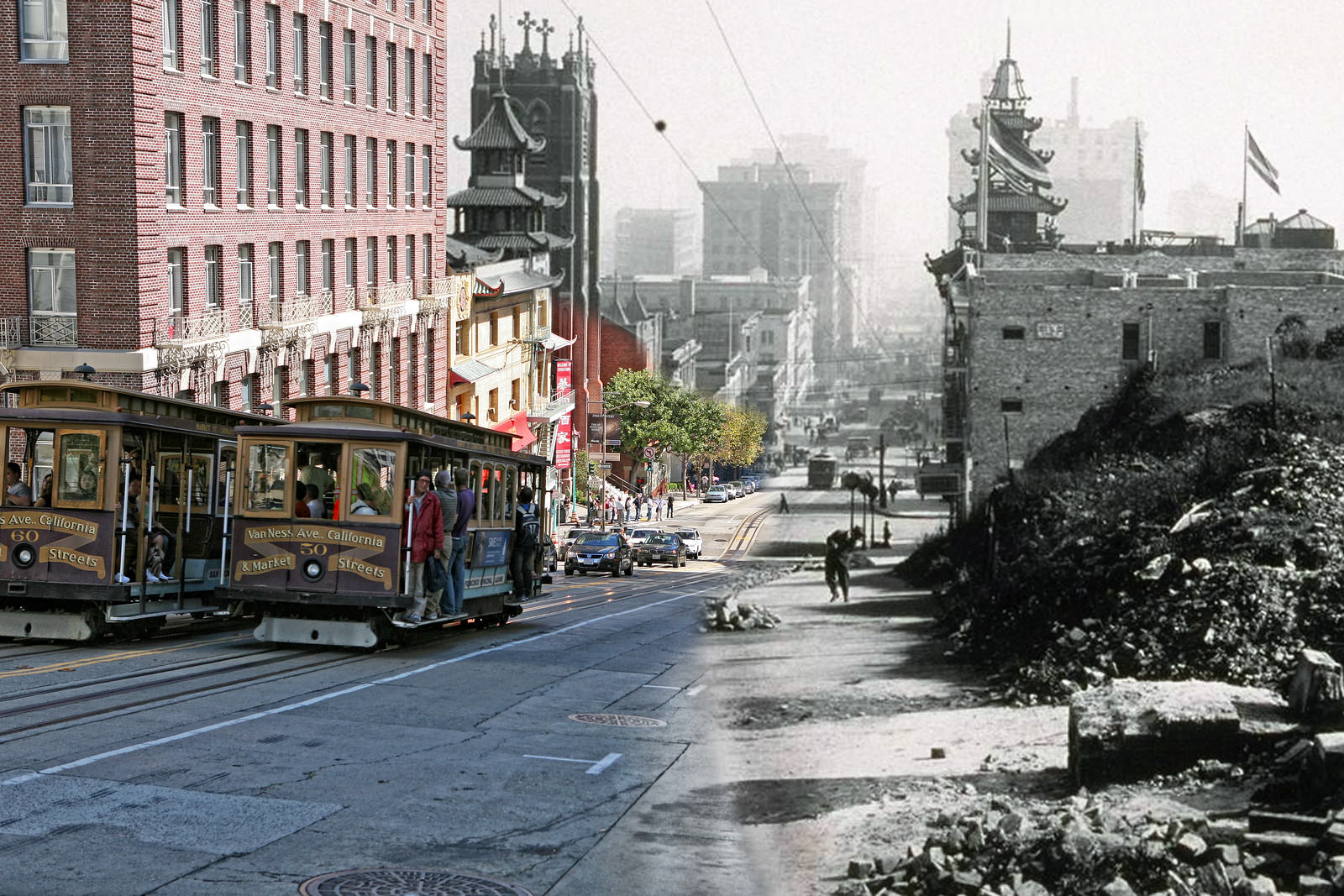 Happy tourists pass by the Fairmont Hotel, which still stands, but is destroyed inside from the fires.