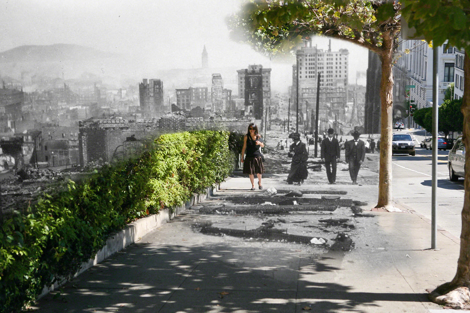 People walk up California St amid charred scraps of lumber