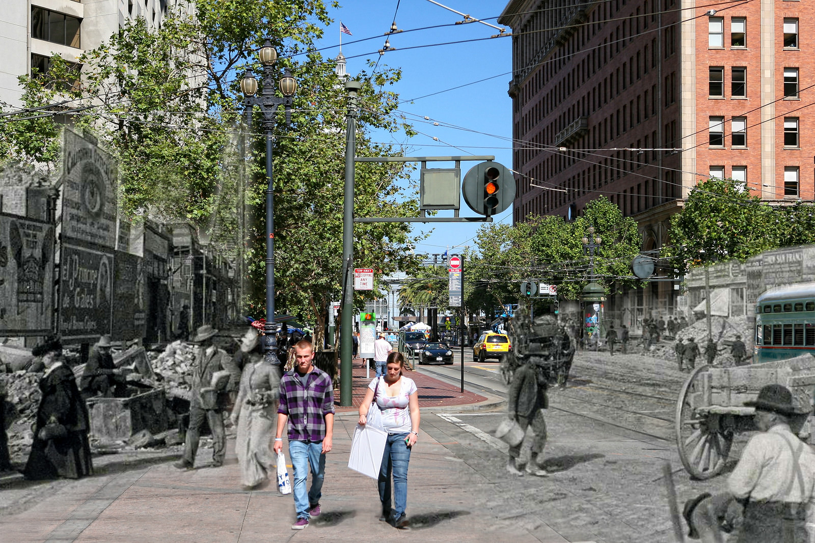 Shoppers cross Drumm St on Market St while men busily work at the monumental task of rebuilding a destroyed city.