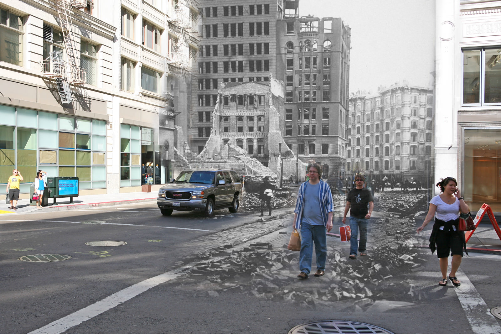 People walk through rubble on Geary St