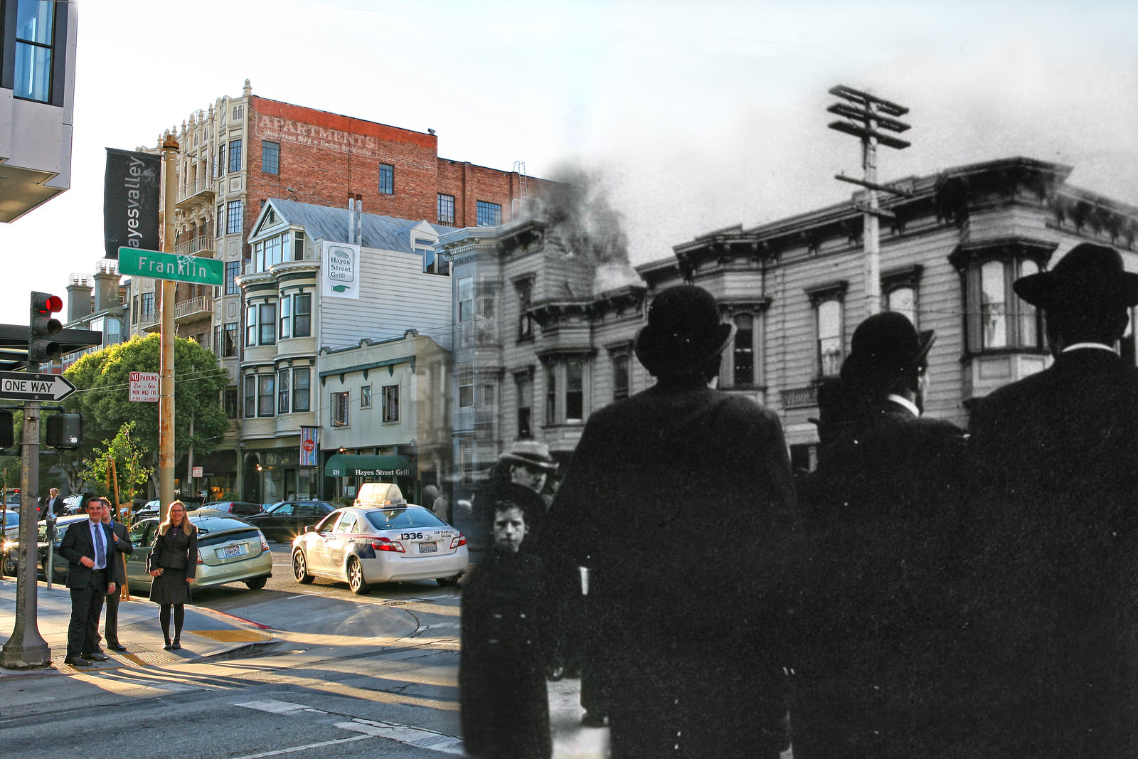 Some business people and a young kid face the camera while fire consumes a building on the corner of Franklin St and Hayes St.