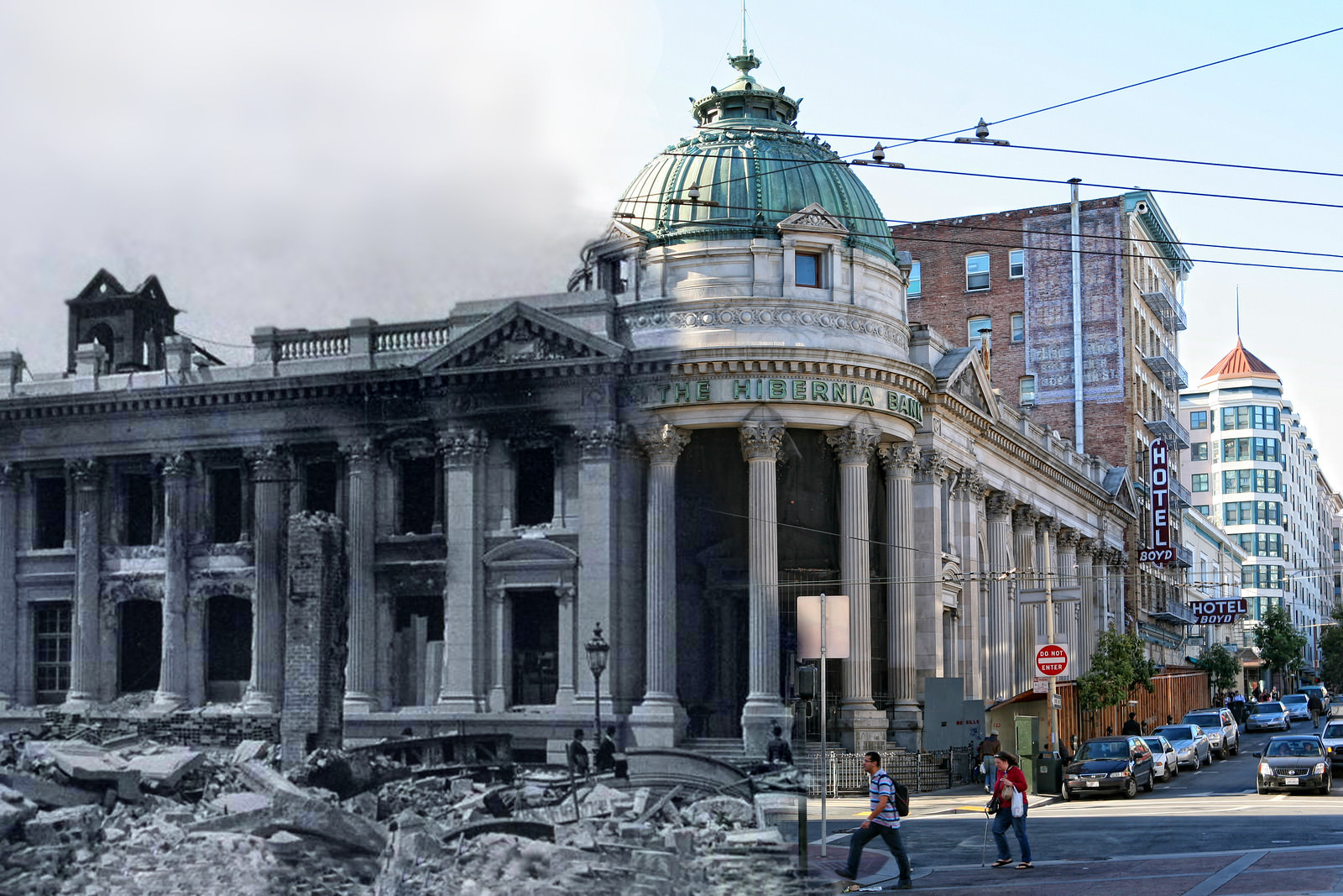 Pedestrians cross Jones St towards a pile of rubble on Market Street. The Hibernia Bank building is burned out, but still standing strong.