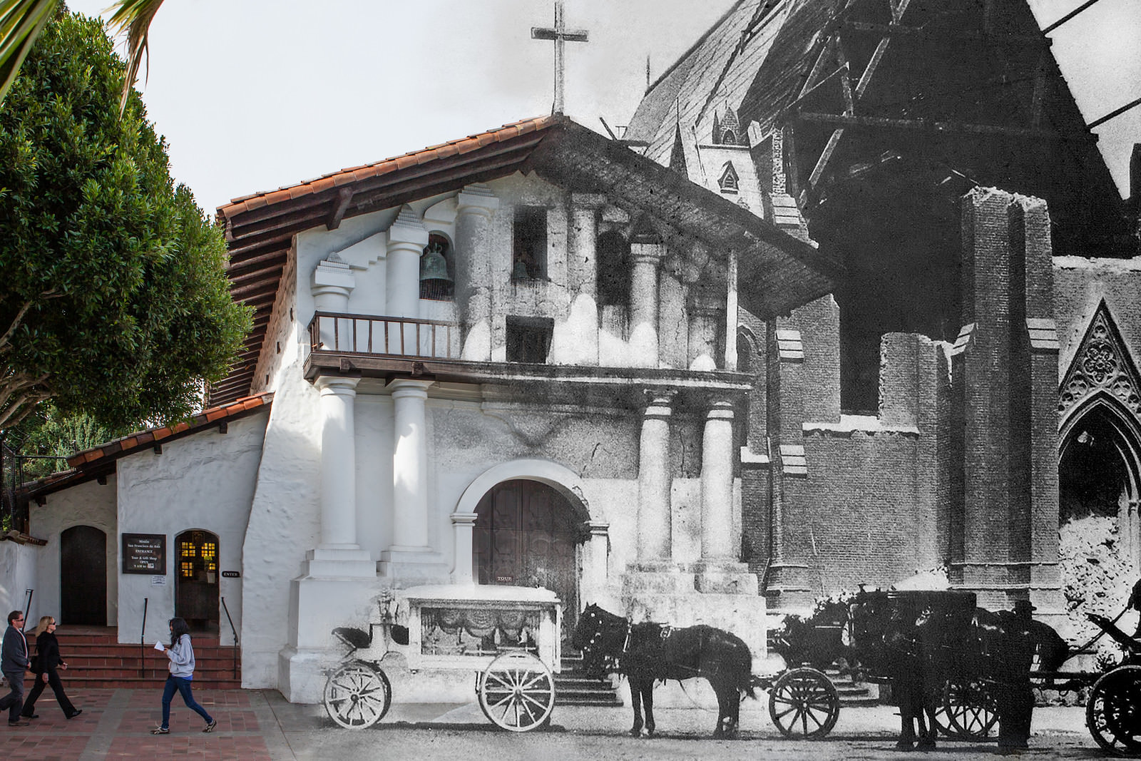 People stroll by the original adobe Mission Dolores which survived, while the brick church next door was destroyed