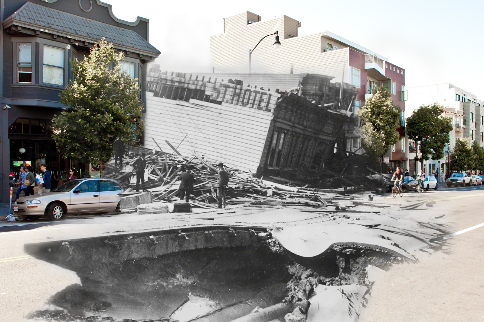 A bicyclist rides towards the fallen Valencia St. Hotel and a huge sinkhole that has opened up in the street