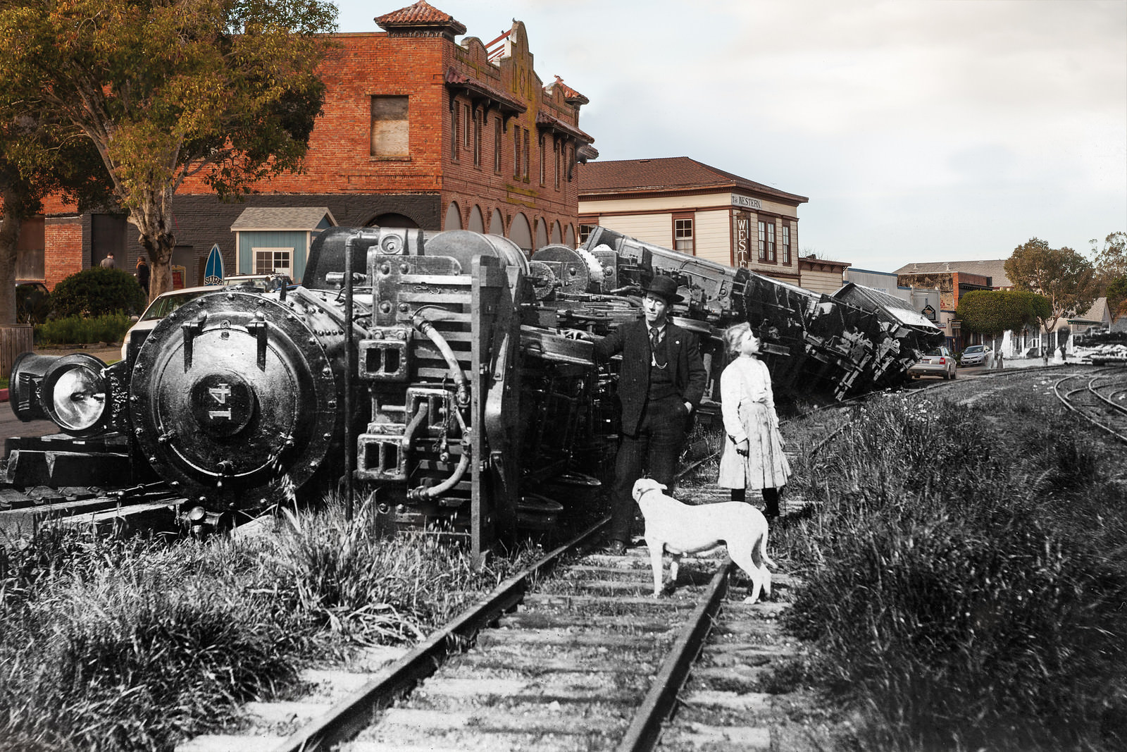 The 5:15 A.M. train for San Francisco topples in Point Reyes Station.