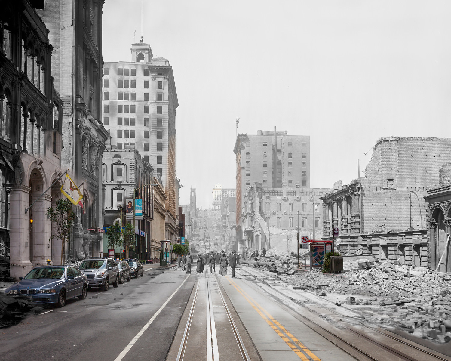 Shocked residents walk by parked cars on California St amidst the devastation.