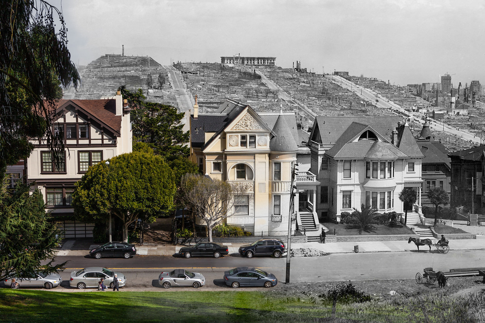 Horse carriages and cars park in front of Lafayette Park while a destroyed city looms in the background