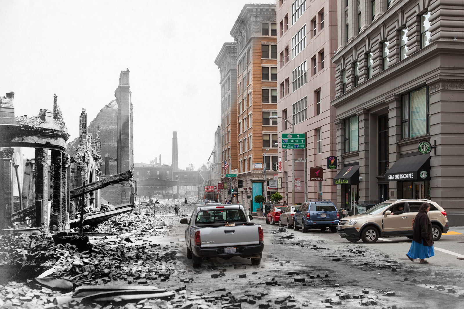 The Rialto Building on New Montgomery stands tall amid the destruction.