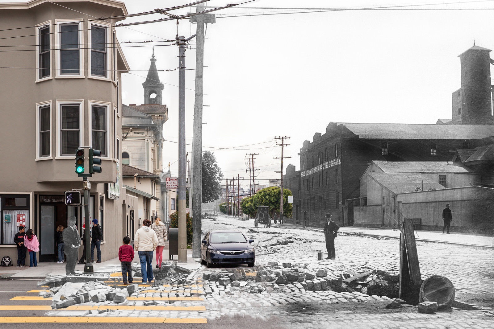 Some lumber and barrels stuffed in a sinkhole warm pedestrians and carrianges of the hazzard on 18th and Van Ness.