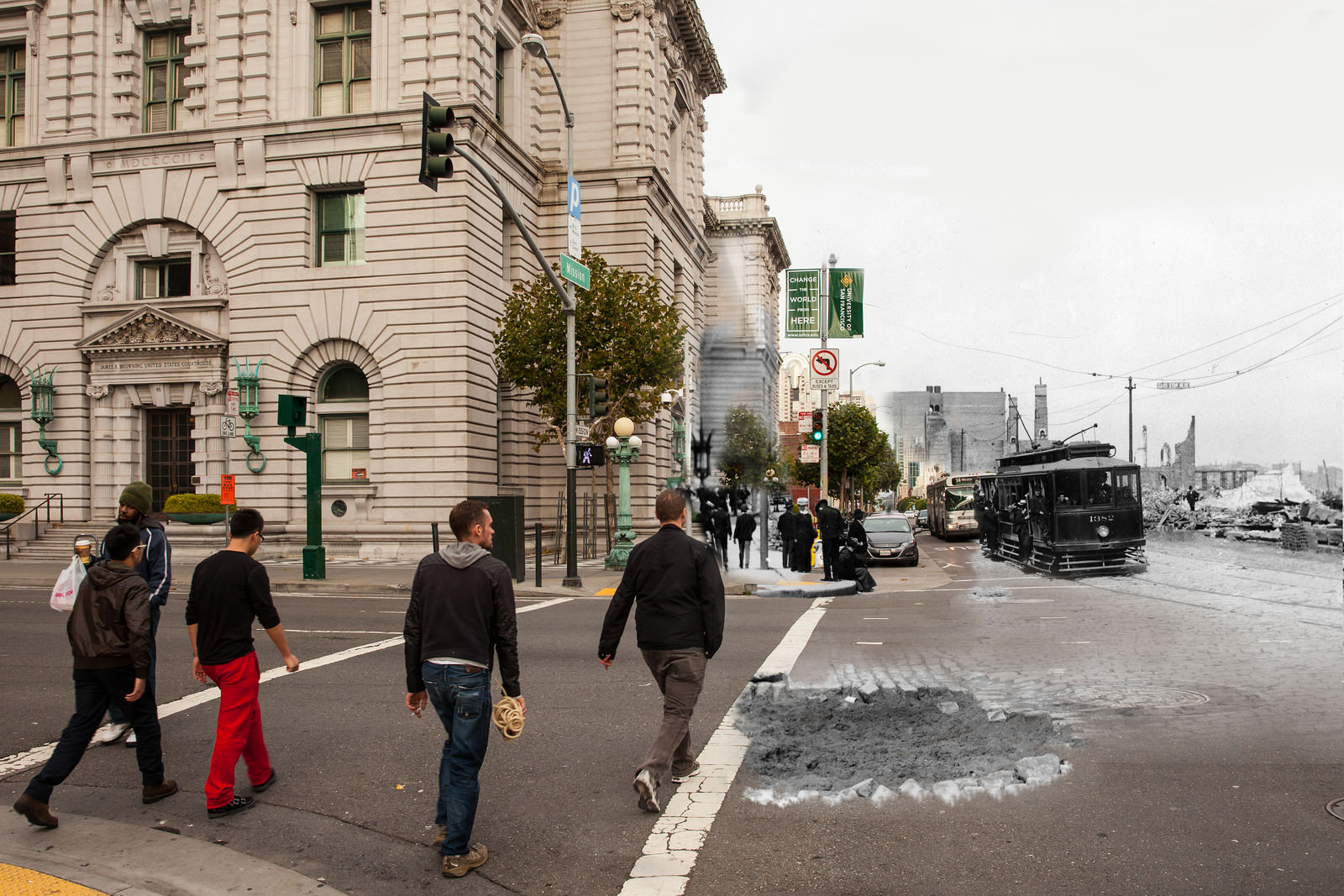 7th and Mission, where streetcars have recently been put back into service on Mission St and the main post office continues cleanup work.