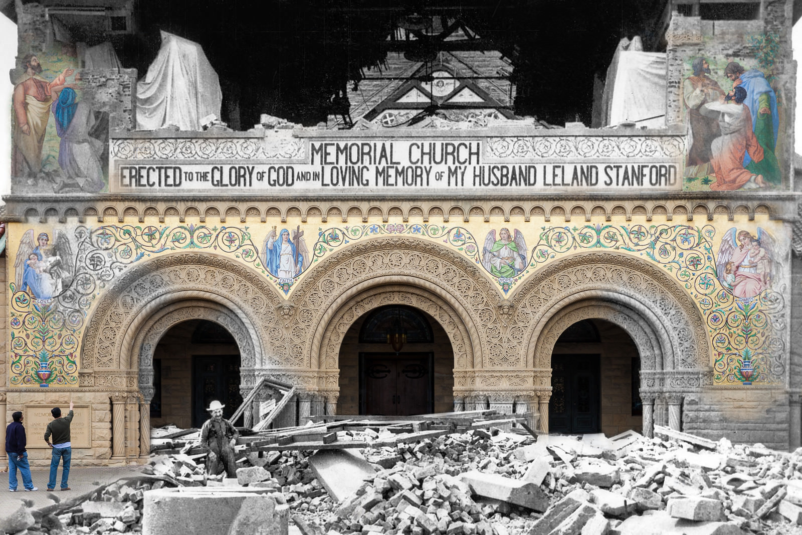 The Stanford Memorial Church was wrecked with a fallen spire, cracked walls, and destroyed mosaics.