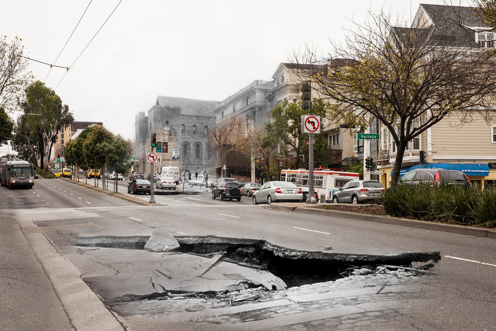 A Muni bus heads for a giant sinkhole on Van Ness below Vallejo while workers clear up debris from the damaged St. Brigid Church.