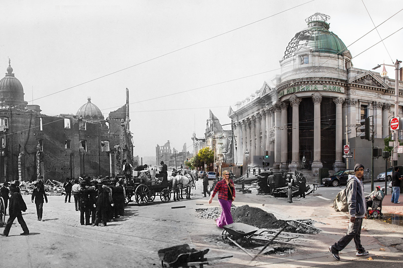 Pedestrians cross Jones St towards a pile of rubble on Market Street. The Hibernia Bank building is burned out, but still standing strong.