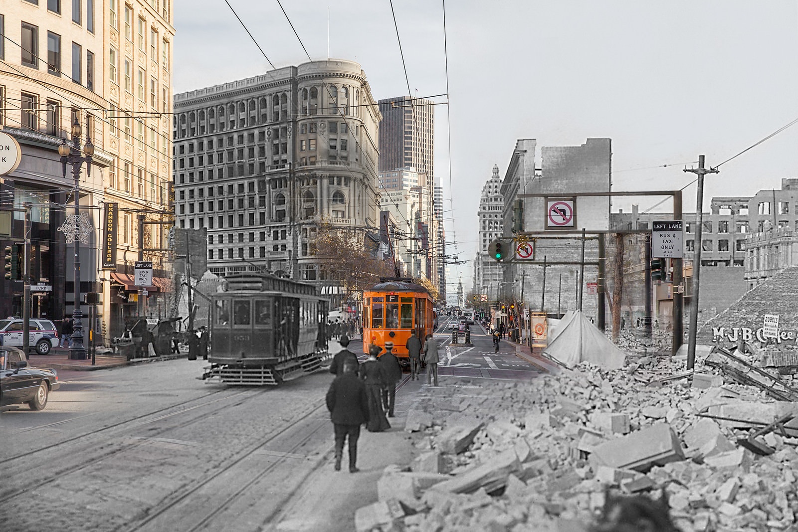 Streetcar #953 passes #1815 on Market Street with the Flood Building still standing after surviving raging fire on all sides.