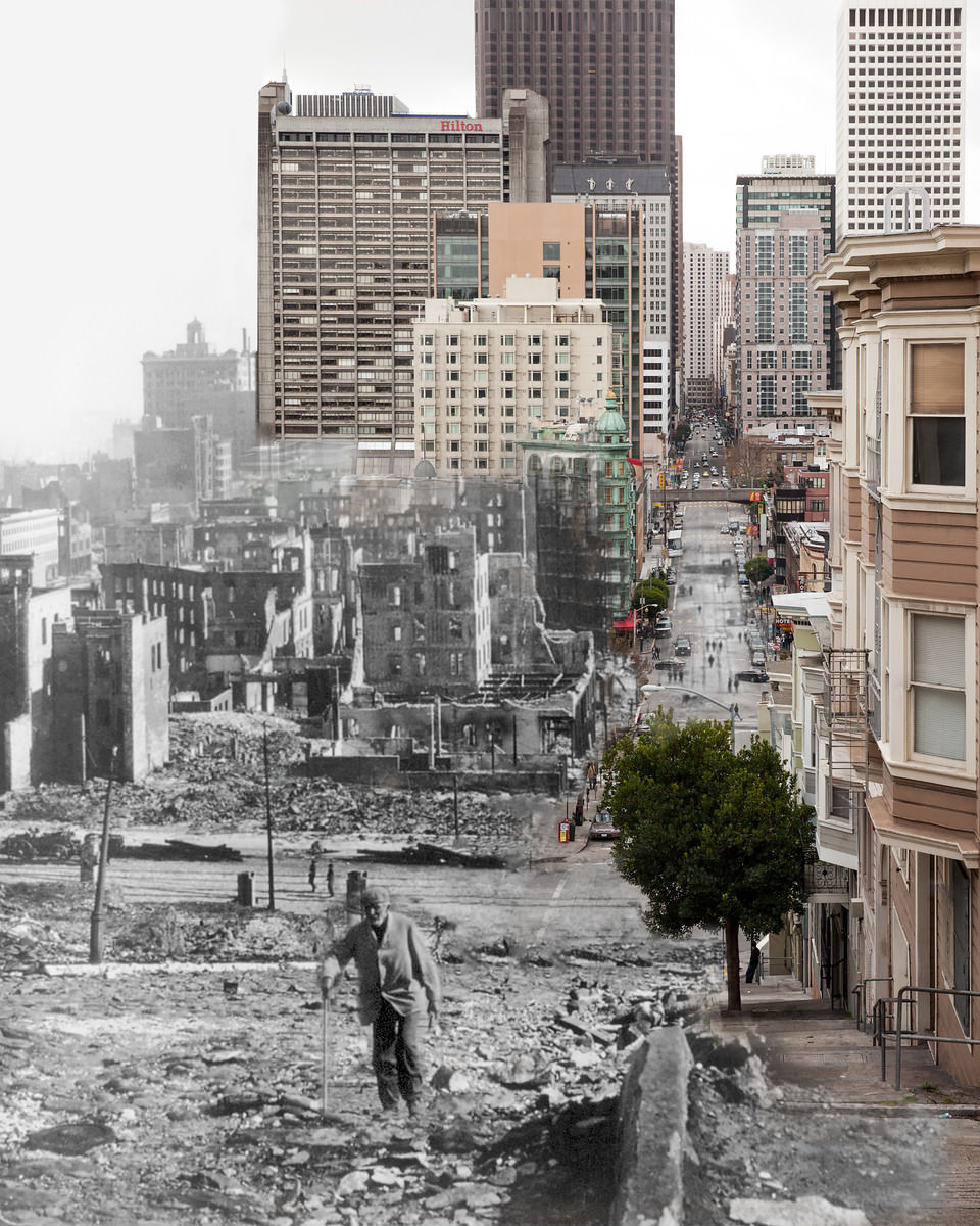 Kearny St. with the Sentinel Building under construction.