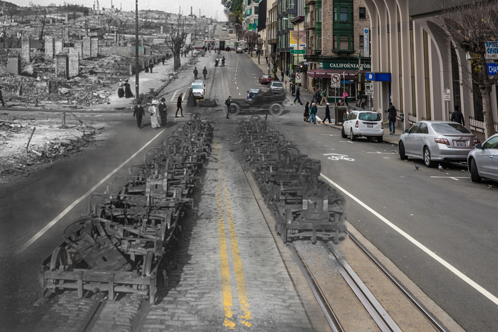 Nothing but the steel trucks of the cable cars remain after intense fires burned through California St. between Polk St. and Larkin St.