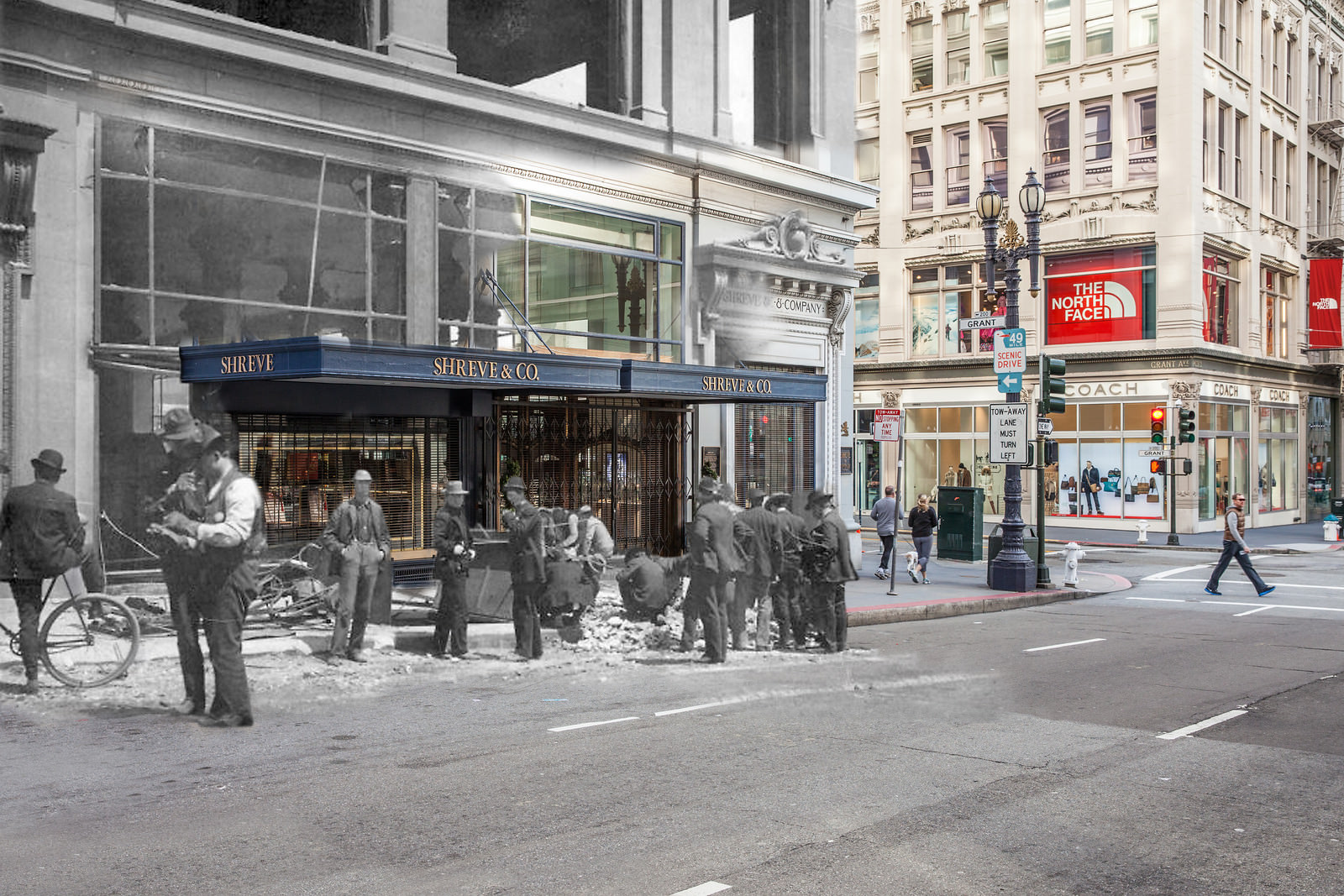 Employees returned to the Shreve Building to pick up the pieces while photographer Richard Wigham photographs the charred remains of a human corpse in the intersection of Post and Grant.