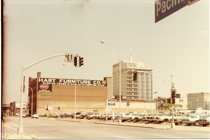 Looking East on Pacific St. from Harwood. Blue Cross, Blue Shield building on right, 1981