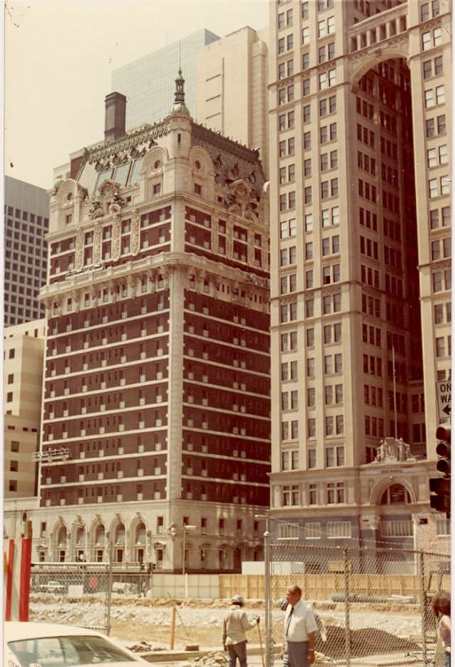 Construction on South side of Commerce across from Adolphus Hotel and Magnolia Oil Building, 1981