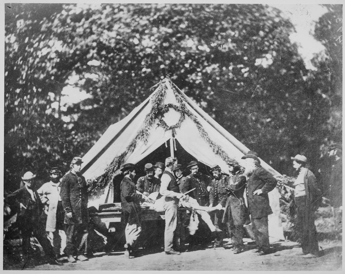 Amputation being performed in front of a hospital tent, Gettysburg, July 1863
