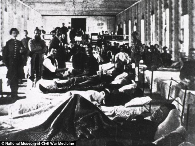 A hospital ward in a convalescent camp in Alexandria, Virginia, pictured in the 1860s. In crowded camp conditions, infectious diseases spread rampantly and took more lives than battlefield injuries