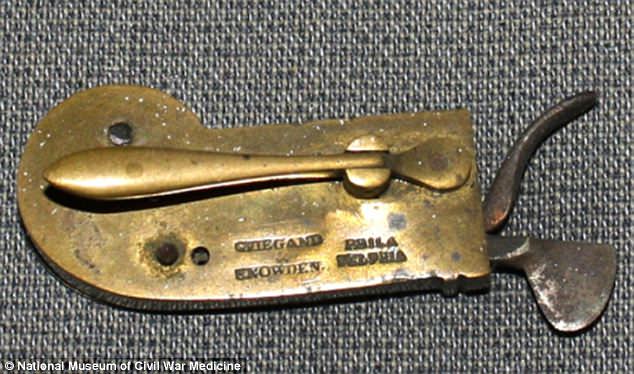 This instrument, a fleam, was used for bloodletting. The U-shaped blade is spring-loaded and activated by the trigger above it. The depth of the cut can be regulated by a screw at the base of the lever.
