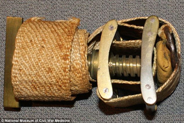 Spiral tourniquets were used during amputations to stem bleeding. The cloth strap would be wrapped around the limb, and the metal screw tightened until the blood flow slowed.
