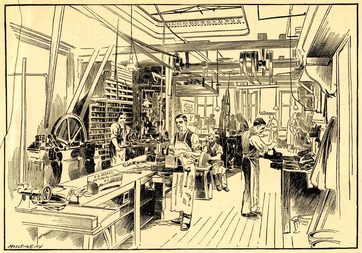 This picture shows a prosthetics factory in the late 1800s. Almost 150 patents were issued for artificial limb designs between 1861 and 1873.