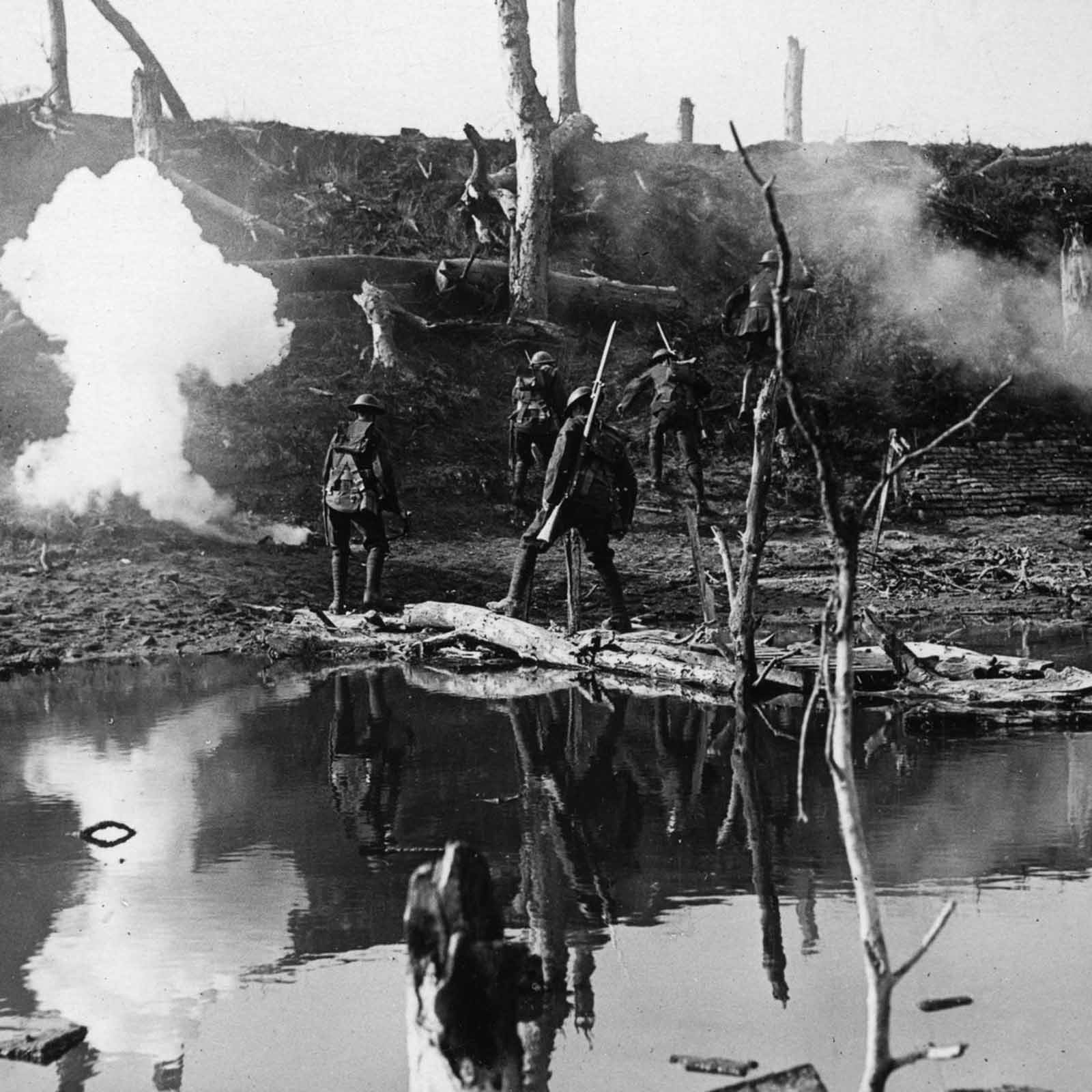 Soldiers cross the river Ancre during the Allied attack on Thiepval Ridge. September, 1916.