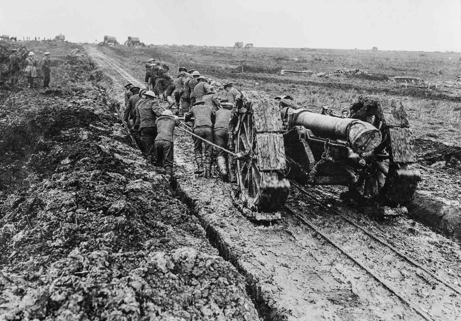 A 6-inch howitzer is hauled through the mud near Pozieres. September, 1916.