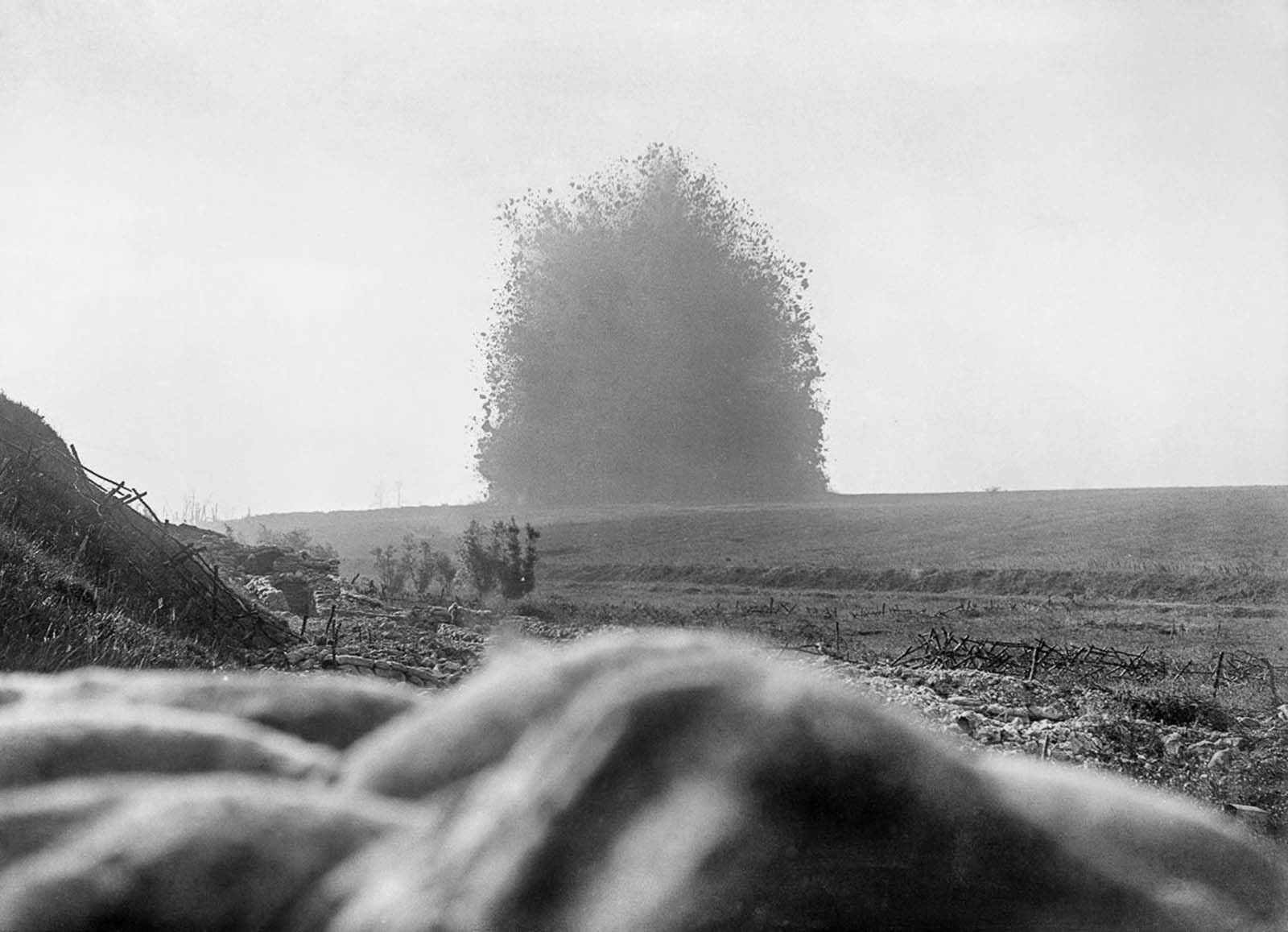 A 45,000-pound mine (2 ton) under the German front line positions at Hawthorn Redoubt is fired 10 minutes before the assault at Beaumont Hamel on the first day of the Battle of the Somme.