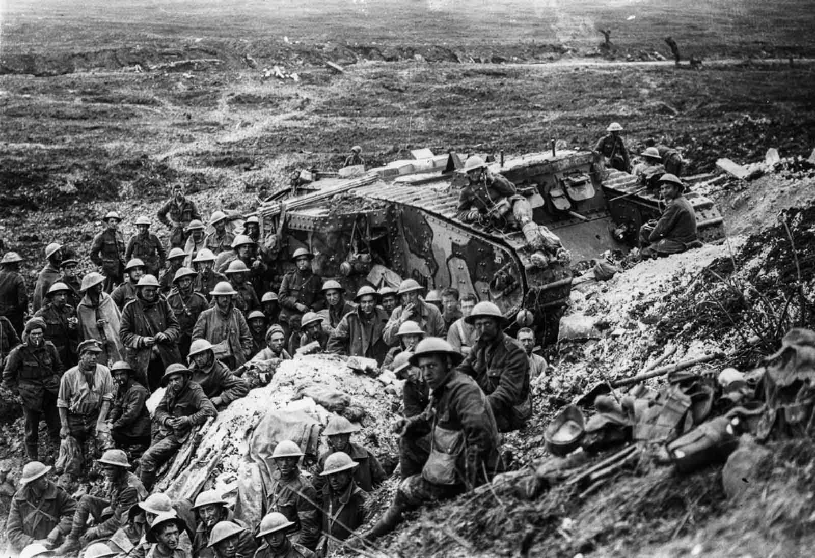 Soldiers gather near a Mark I tank at Flers. September 17, 1916.