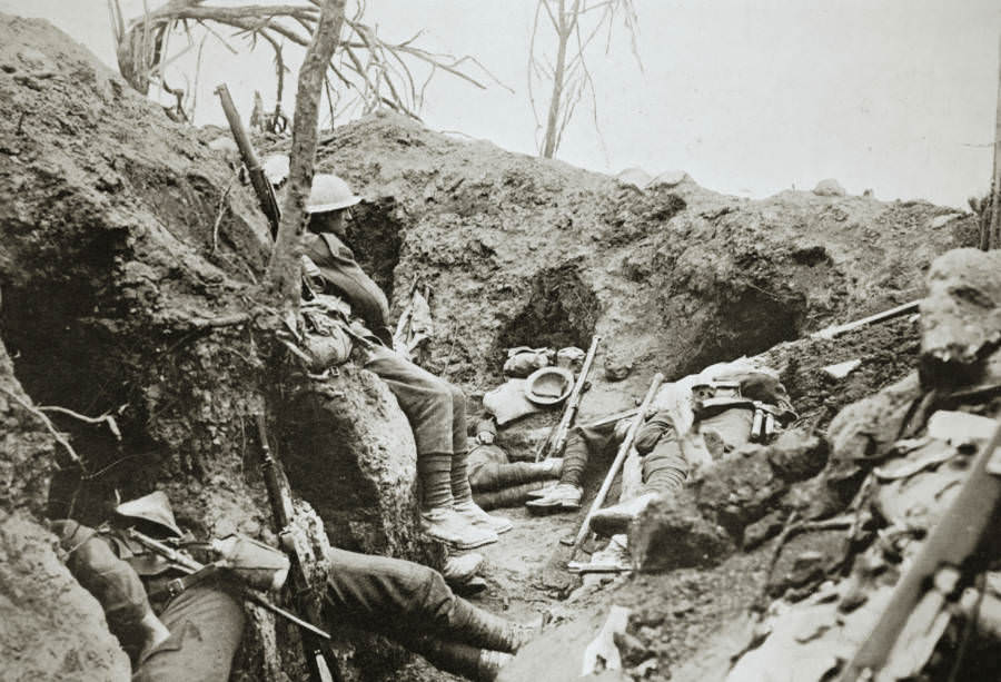 British troops rest in a captured German trench.